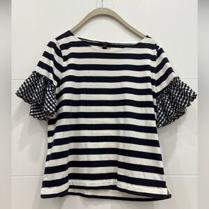 J. Crew Navy and White Striped Ruffle Sleeve Top